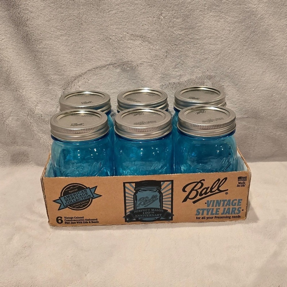 Ball American Heritage Collection Blue Pint Mason Jars 6 Pack 100th Anniversary